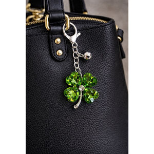 Green Crystal Shamrock Jeweled Silver Keychain with lucky bell